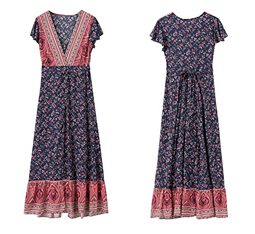 Image of R.Vivimos Women's Summer Short Sleeve Floral Print Bohemian Beach Waist Tie Wrap Long Flowy Dress with Slit