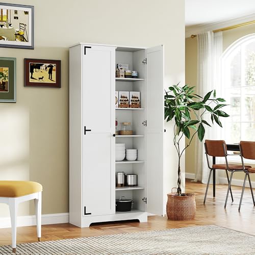 HOMCOM-72-Tall-Farmhouse-Storage-Cabinet-Freestanding-Kitchen-Pantry-Cabinet-with-Adjustable-Shelves-and-Recessed-Doors-White HOMCOM 72 Tall Farmhouse Storage Cabinet Freestanding Kitchen Pantry Cabinet with Adjustable Shelves and Recessed Doors White