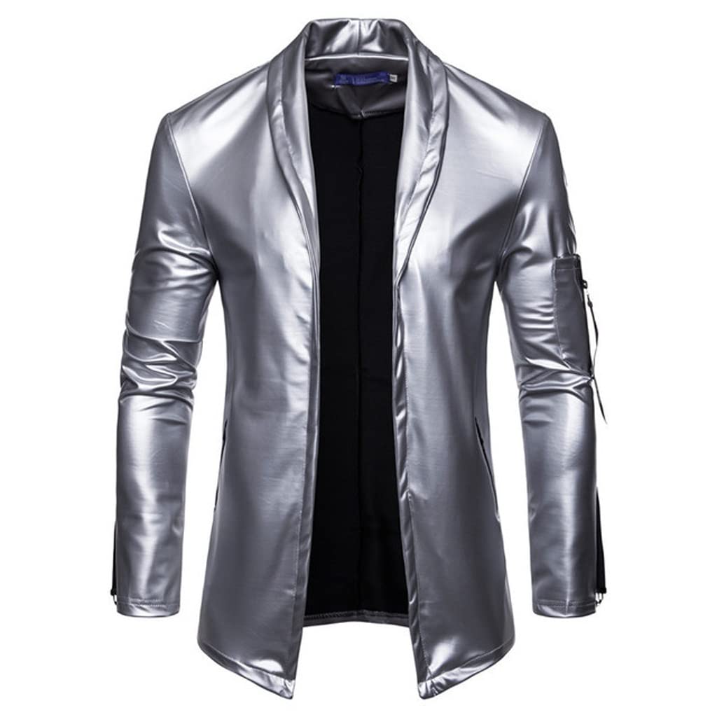 Suéter Estilo de Cuero para Hombres Cuello Alto Estiramiento con Cremallera Bolso Chaqueta de Cuero para Hombres/Silver/Xx-Large