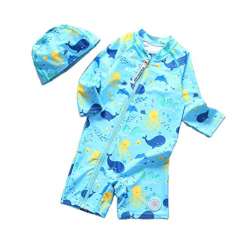TAIYCYXGAN Baby Toddler Boys One Pieces Swimsuit Whale Front Zip Up Bathing Suit Rash Guards Swimwear with Hat Blue 100