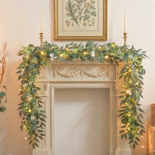 Eucalyptus Garland with Lights 6FT Artificial Greenery Vine with LED Lights Faux Leaves & Flowers for Table Runner Fireplace Mantel Wedding Arch & Home Decor