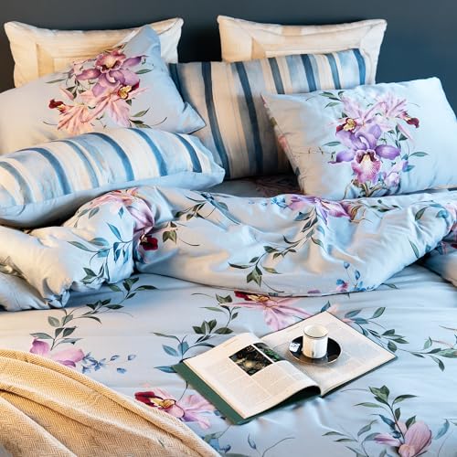 Image of Digitally Printed Premium Bedsheet Set | 300 TC 100% Cotton 1 Queen Bedsheet Set | Extra Smoothness with Sateen Weave| Orchid Blue Bedsheet Set (1 Flat Sheet + 2 Pillow Cases)