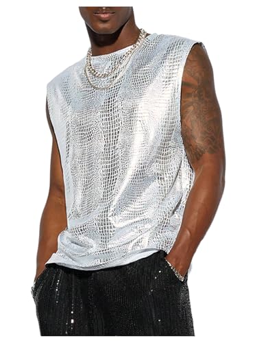 Men's Metallic Tank Top Crew Neck Sleeveless Club Party Going Out T Shirt Tops Crocodile-Pattern Streetwear Vest