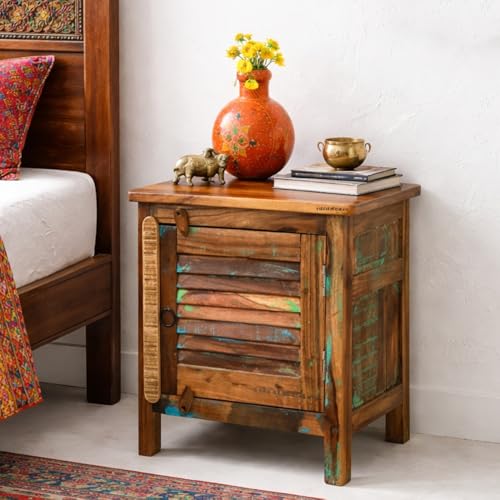 Image of Wooden Bedside Table for Bedroom | Solid Wood Bedside Table with Drawers | Corner Side Table for Living Room | Traditional Handcrafted Furniture for Home Decor (Reclaimed)
