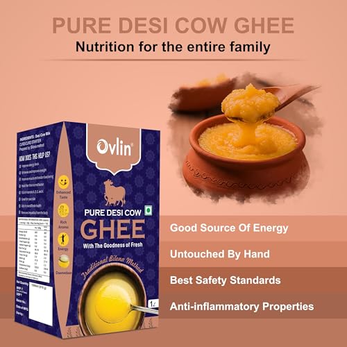 Image of Ovlin Pure Desi Cow Ghee 1L (1000 ml) | Traditional Bilona Method Cow Ghee | Premium A2 Style Desi Cow Ghee | Rich Aroma & Grainy Texture (Danedar) | Natural Indian Cooking Ghee