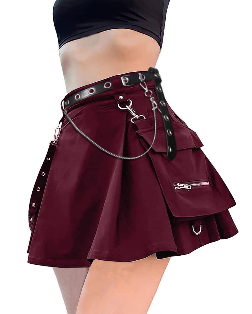DINGJIUYANPunk Cross Print Dark Mini Skirts Chain Belt Black Pleated Skirt