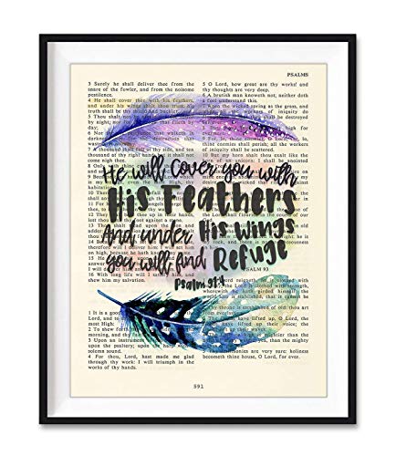 He Will Cover You with His Feathers, Psalm 91:4, Christian Art Print, Unframed, Vintage Bible Verse Wall Decor Poster, Inspirational Gift, 8x10 Inches