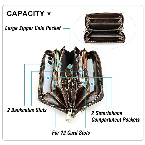 Image of Top Grain Genuine Oiled Leather Clutch Wallet for Man & Woman, Handmade Vintage Design, Multi Pockets & Slots & Detachable Wristlets, RFID Large Capacity for Cards /Checks /Money /Passport, Red Coffee