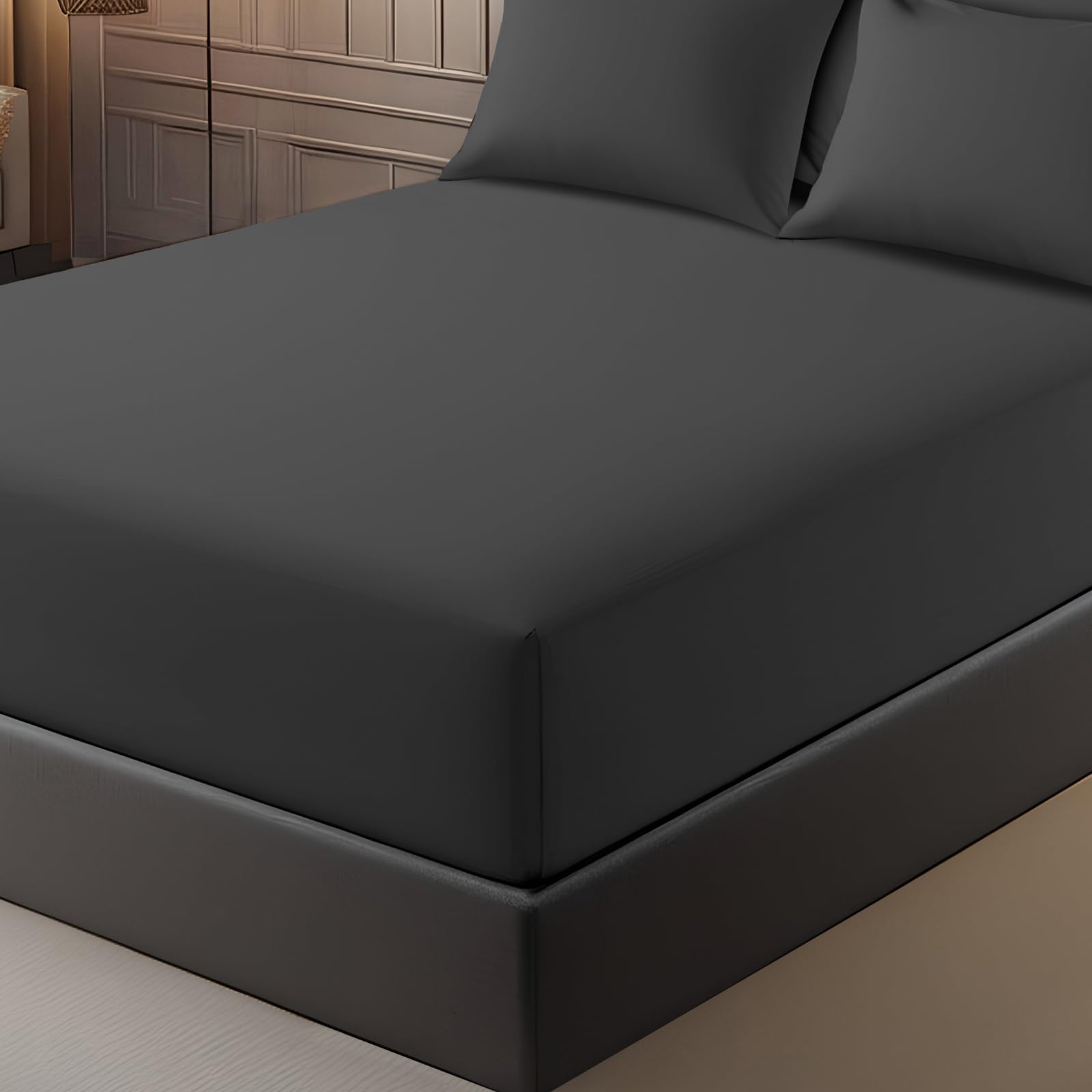 Pamposh Charcoal Double Fitted Sheet Extra Deep Pocket 40 Cm (16 Inches) Durable Elastic Fitted Bed Sheets Double - Premium Brushed Microfibre Fitted Sheet - Ultrasoft Hypoallergenic Fade Resistant