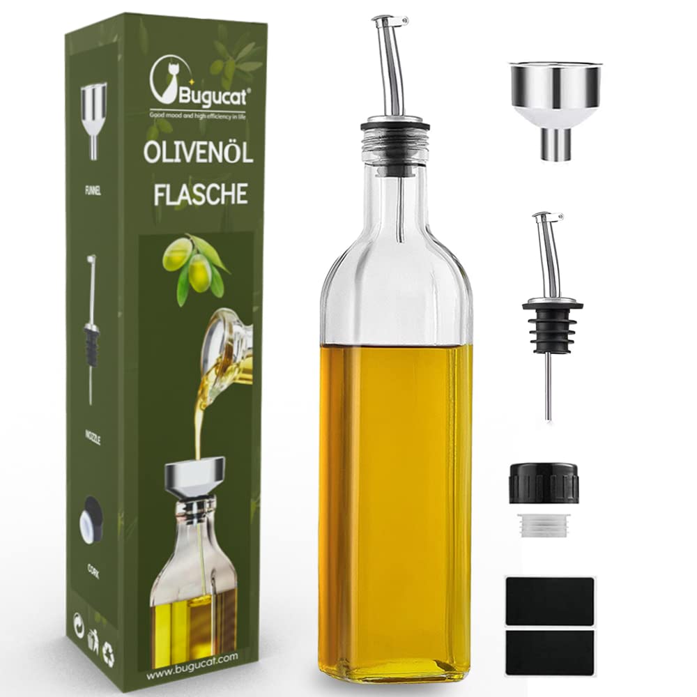 Bugucat Ölflasche 500ML,Essigflasche aus Glas mit Spender,Öl Flaschen mit Ausgießer und Etikett,Olivenöl Spender mit Anti-Schmutz Verschluss Auslaufsicher und Tropffrei zum Kochen, Grillen, Salat