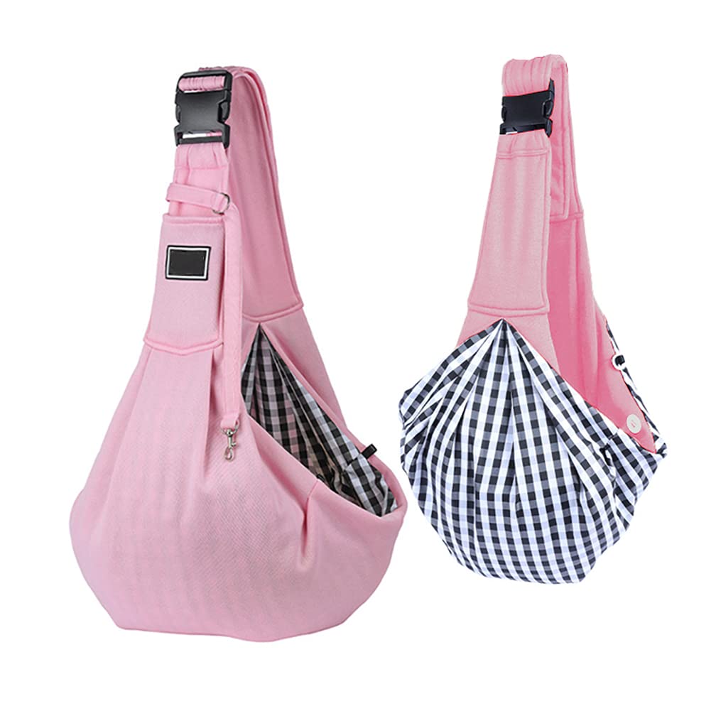 Pet Dog Sling Carrier, Adjustable Strap Hands Free Reversible Double-Sided Pouch Pet Papoose Bag Tote Bag with a Pocket Safety Belt Puppy Carrier Travel Bag Backpack for Small Dogs Cats Rabbits (Pink)