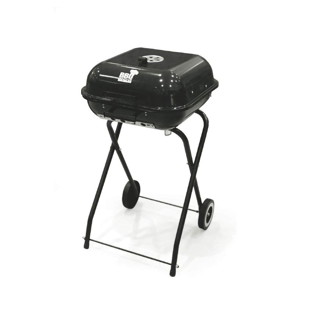 Barbeque BBQ Grill a Carbone Carbonella Quadrato con Coperchio e Sfiato Presa Aria Ruote Metallo Ripiano 2 Griglie Giardino Multifunzione Terrazzo Campeggio Trasportabile 49x47x83h cm