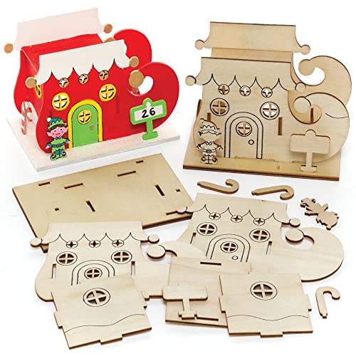 Baker Ross FE967 Kit Modello in Legno Casa dell’Elfo - Confezione da 3, Portacandele da Decorare ed Esporre, Progetto Artistico e Artigianale per Bambini