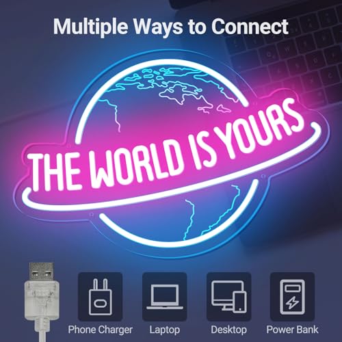 Image of The World is Yours Neon Sign with Remote Dimmer, Ice Blue Pink Planet LED Neon Light Lamp for Wall Decor, Man Cave Home Bar Game Room Bedroom Birthday Gift Graduation Party