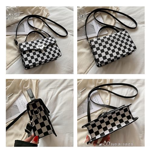 Checkered Crossbody Bag Bum Bags Alt Trendy Checkered Bum Bag Crossbody with Top Handle Convertible Strap Black And White3