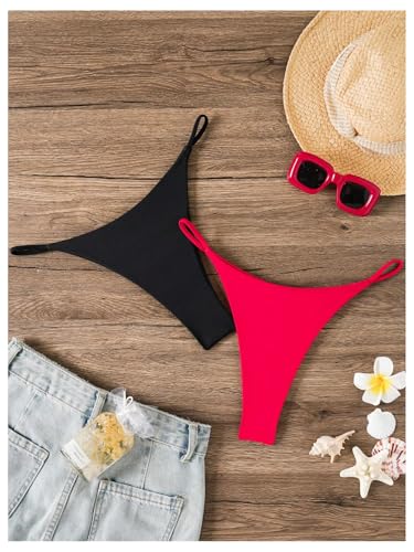 SweatyRocks Women's 2 Pack High Cut Thong Bikini Bottoms Cheeky Swimsuit Bathing Suit Bottoms Swimwear3