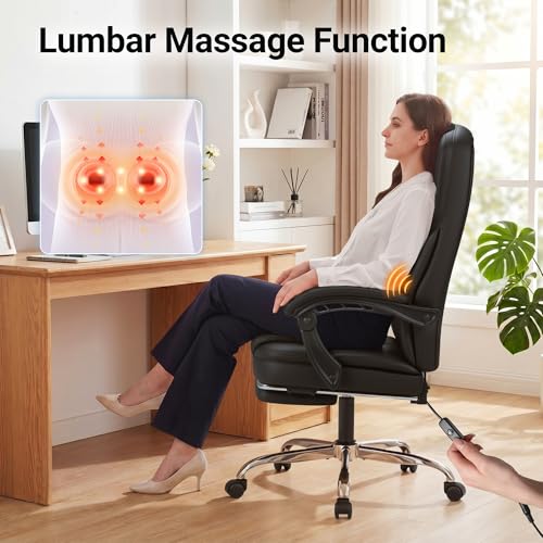 Image of Furmax Massage Office Chair with Foot Rest Executive Big and Tall Office Chair Ergonomic Home Office Desk Chairs, Reclining High Back Leather Chair with Lumbar Support, 400LBS (Black)