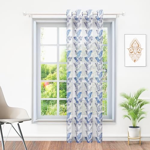 Image of Door Sheer Curtains 7 Feet Long Set of 1 | Leaf Design | Semi Transparent Door Curtain | Net Curtains | Curtain for Living Room | 118 x 215cm, Blue & White | Perfect for Home Decors