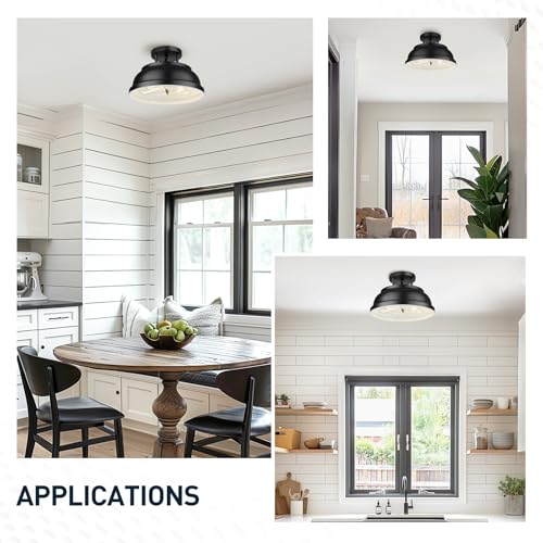 Image of zeyu 12'' Industrial Semi Flush Ceiling Light, 2-Light Flush Mount Ceiling Lamp for Bedroom Dining Room, Metal Dome Shade in Black Finish, ZY29-F BK