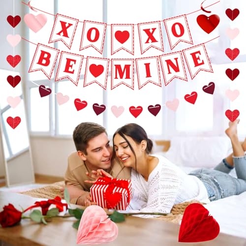 Image of Galentines Party-Decoration Valentines Heart Garland - 25pcs Red Rose-Gold Paper Streamers Honeycomb Fans XOXO BEMINE Banner, Anniversary Baby Shower Wedding Love Hanging Supplies Decor Hugfond