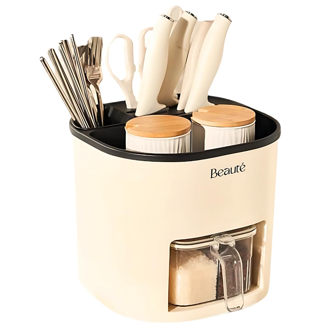 DAZZLEREE Cream Rotating Utensil Holder for Kitchen Counter – Multi-Purpose Rotating Spice Organizer, Seasoning Containers, Cutlery Holder and Knife Holders for Counter Top