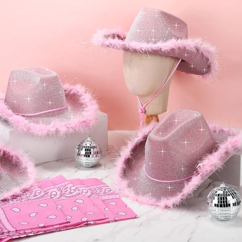 Image of Coume 12 Pcs Sparkly Adults Cowboy Hat and Bandanas Women Men Western Glitter Cowgirl Party Hats with Adjustable Drawstring