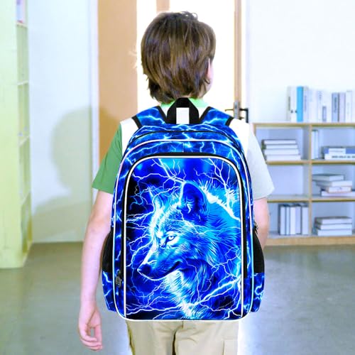 Image of 3Pcs Wolf Backpack for Boy, 17 inch Lightning Bookbag for Elementary Preschool Kindergarten, Kids School Backpacks with Lunch Box (Blue)