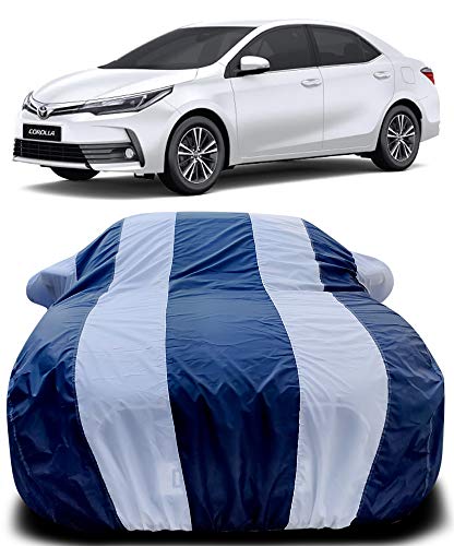 Image of PURPLEHEART Car Body Cover Compatible with Toyota Corolla Altis Mirror Pocket Triple Stitched Bottom Elastic Water Resistant UV Protection & Dustproof Car Cover-Blue & White