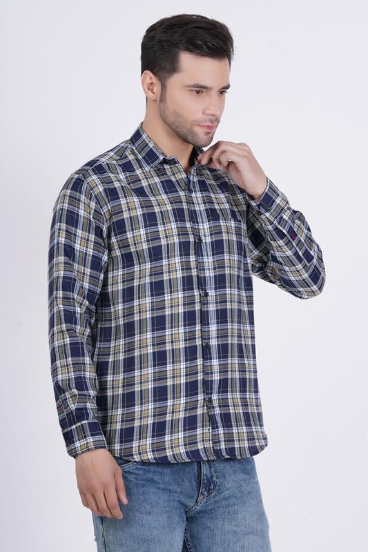 Image of RUE HANDMADE Men's Slim Fit Cotton Shirt - Trendy Blue Checkered Design | Casual & Formal | Full Sleeve, Spread Collar | Perfect Designer Style