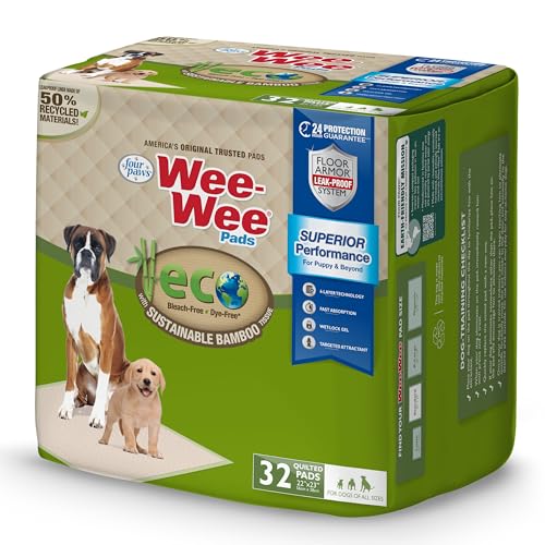 Four Paws Wee-Wee Superior Performance Bamboo Pee Pads for Dogs, Earth Friendly Dog & Puppy Potty Training Pads, Crate Liners, Housebreaking Supplies, 22' x 23' (50 Count)