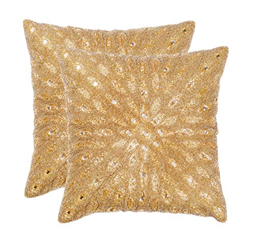 Hand Beaded Decorative Pillow Cover -16x16 Inch - Gold, Handwoven Pillow, Handmade by Skilled Artisans, A Beautiful and Elegant Accessory to Dress up Your Couch, Sofa and Bed - Only Cover - 2 Pack