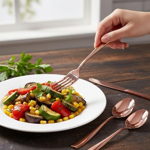 Image of 5 Pcs Rosegold Cutlery Set for Dining Table the Perfect Mirror Polish Hevy Duty Tableware Including Dinner Spoon, Dinner Fork, Dinner Knife, Dessert Spoon & Dessert Fork