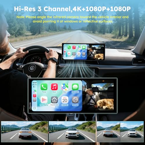 Image of CARPURIDE W125S 11.26 Inch HD Wireless Carplay & Android Auto Screen, 4K +1080P+1080P Dash Camera for Cars with 64GB Card, with Loop Recording, Bluetooth, Voice Control, GPS, FM, Super Link