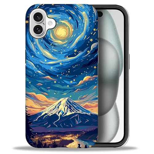 yicomon Compatible with iPhone 16 Case, Mountains and Rivers at Night Pattern Print Matte Phone Case Durable Fashion Funny Liquid Silicone Case Soft Anti-Scratch Shockproof Protective Cover