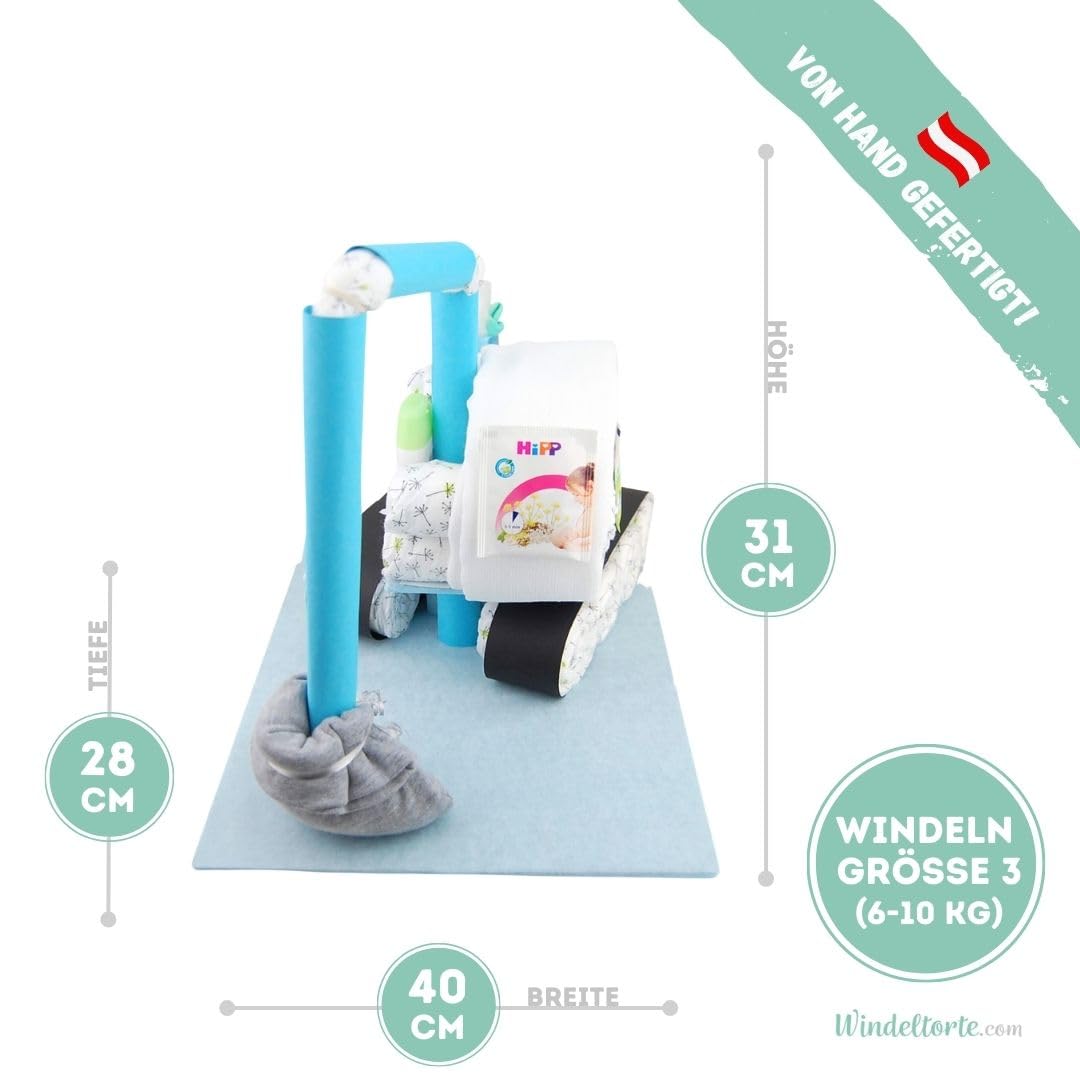 Bagger mit Babysocken [BAUSTELLENFAHRZEUG]- Geschenk zur Geburt - Babyparty - Baby - Babyshower - Pullerparty - Spucktuch - Babylätzchen (Blau/Junge)