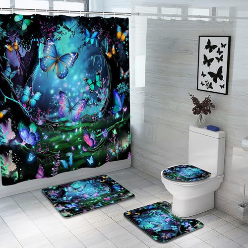 LUBBT 4 Pcs Fantasy Forest Butterfly Shower Curtain Magical Fairy Tale Waterproof Colorful Butterflies Bath Curtain with Hooks for Bathroom Dcor