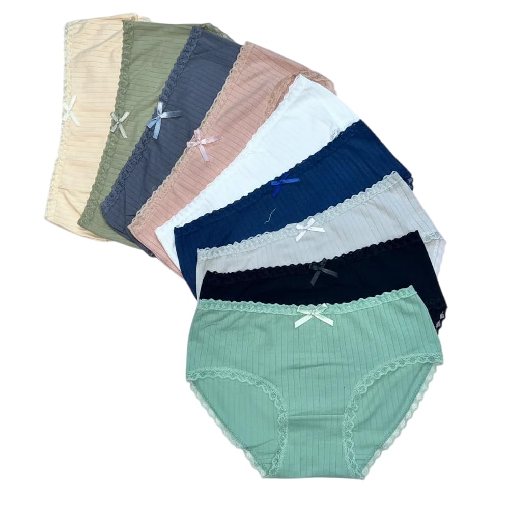 Women's Premium Cotton Ribbed Mid Waist Panty Set | Soft Breathable Stretch Briefs with Lace Trim-image-39