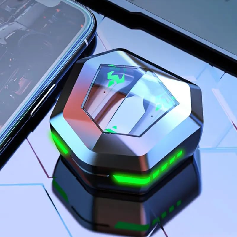 RG N35 TWS Gaming Earbuds charging case closed with green LED lights