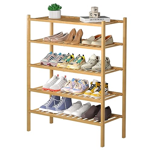 5 Tier Bamboo Shoe Rack for Closet Free Standing Wood Shoe Shelf for Entryway Small Space Stackable 27"x11"x33" (Natural)