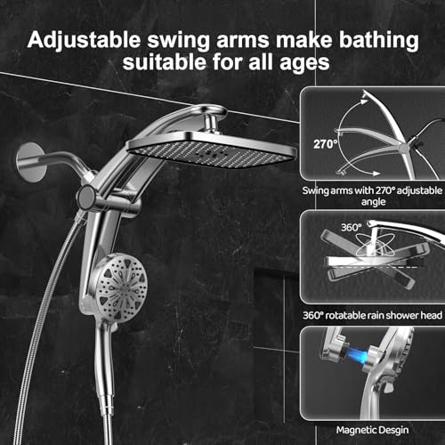 Rain Shower Head with Handheld High Pressure Rainfall Shower Heads with Handheld Spray Combo Adjustable one-piece Stand daul Shower Head Built-in Magnetic Docking and Power Jets（Sliver） view 7