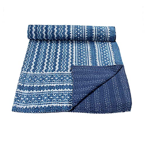 Couvre-lit Kantha bleu indigo en coton fait main Queen Size
