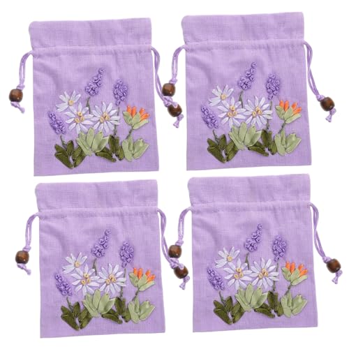 Bolsas de lino bordadas para joyería con cordón lavanda miniatura 1