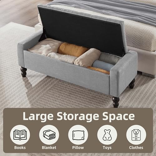 Image of 50 inch W Storage Ottoman Bench with Safety Hinge, Load up to 660 lb Ottoman with Storage, Upholstered Tufted Entryway Bench with Seating for Living Room, Bedroom, Light Gray
