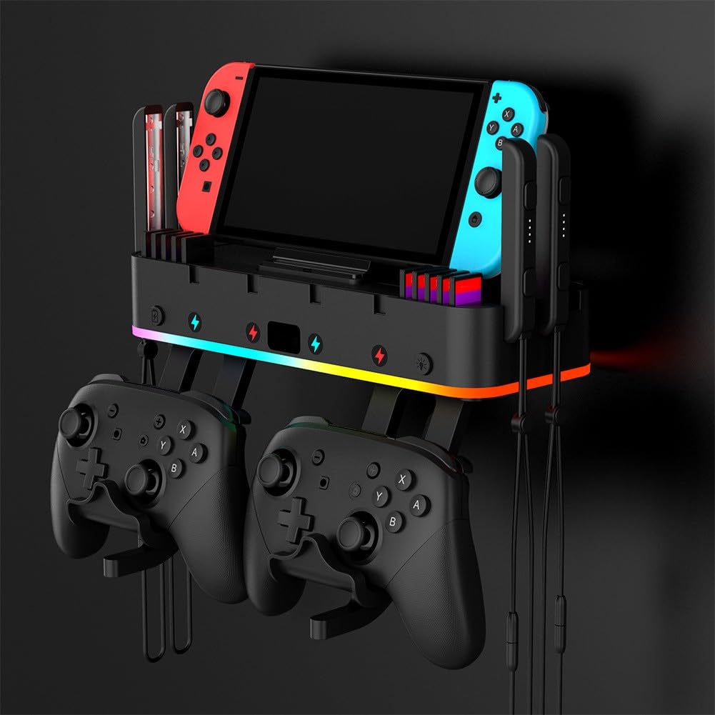 Supporto da parete RGB per Nintendo Switch con 15 modalità di illuminazione, 4 caricabatterie per controller e 2 porte USB, organizer per schede di gioco, supporto per console ABS