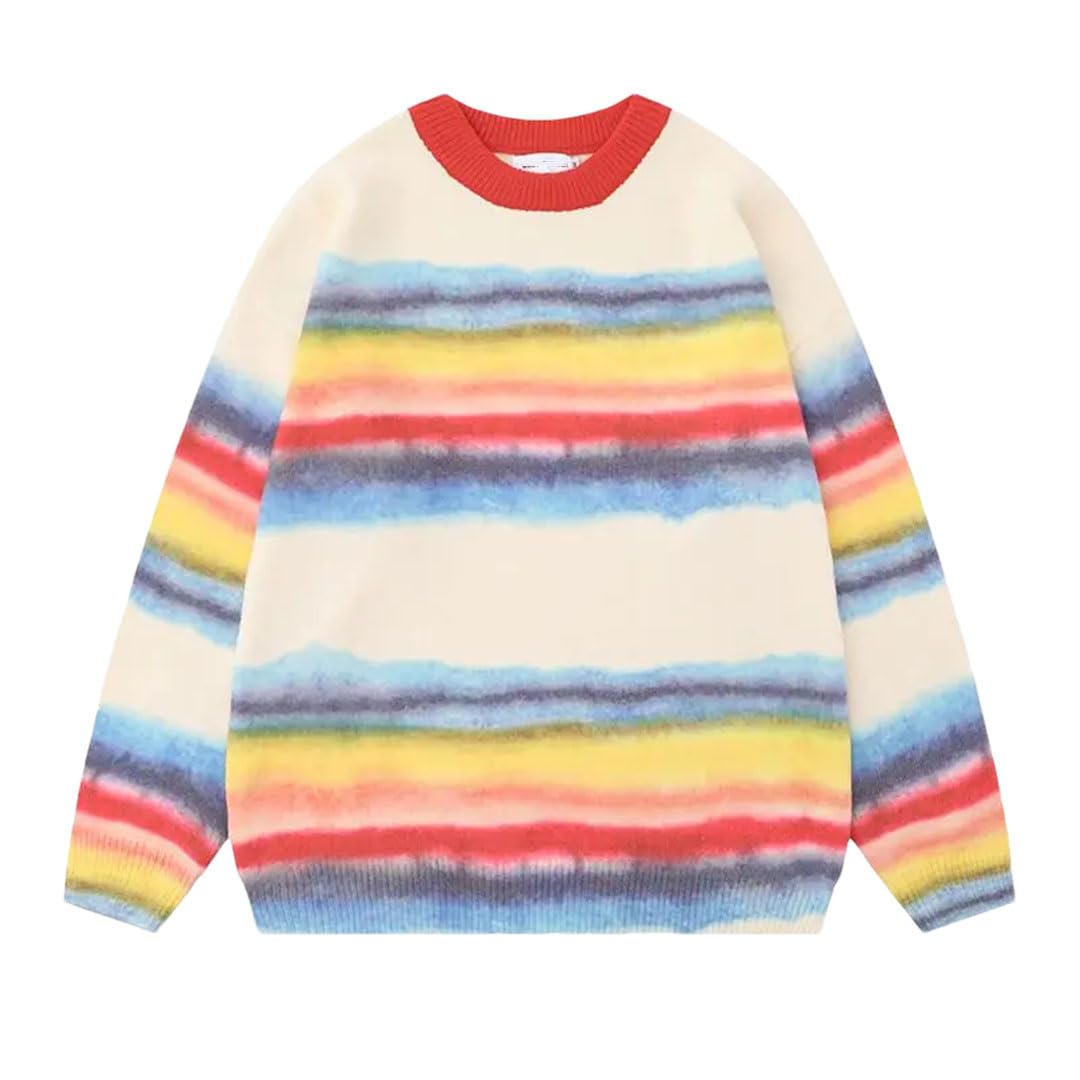 Damski sweter oversize tęczowe paski okrągły dekolt dzianina szwy kolor swobodny styl sweter z długim rękawem