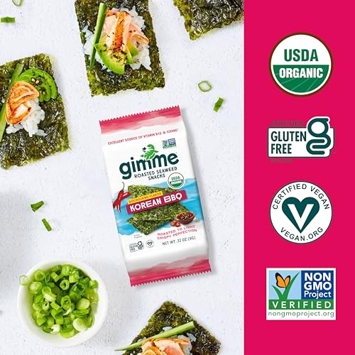 Image of Gimme Seaweed Organic Premium Roasted Seaweed Snacks,Korean BBQ,Keto,Vegan,Gluten-Free,Great Source of Omega3s and Iodine,Healthy On-The-Go Snack for Kids and Adults,6 Count (Pack of 2)