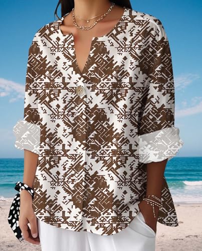 Boho Floral Shirts for Women 2025 Summer Casual 3/4 Sleeve Roll Up V Neck Blouses Button Down Loose Tunic Tee Tops3