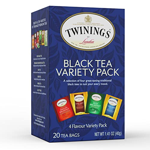 Twinings Tea, Black Tea Sampler Variety Pack with Four Flavors; Earl Grey Tea, English Breakfast Tea, Lady Grey Tea & Irish Breakfast Tea, 20 Tea Bags