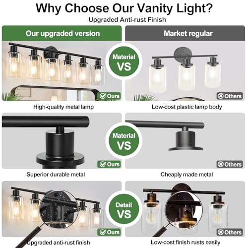6-Light Bathroom Light Fixtures, Black Modern Vanity Lights with Clear Glass Shade, Bathroom Wall Lamp for Mirror Kitchen Living Room Hallway Cabinet Porch
