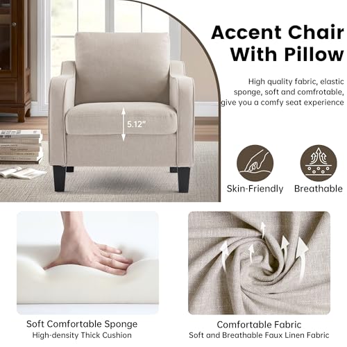 Image of Mid-Century Modern Accent Chairs Set of 2, Living Room Chairs, Comfy Reading Armchair, Upholstered Small Sofa Chair for Bedroom, Office, Beige